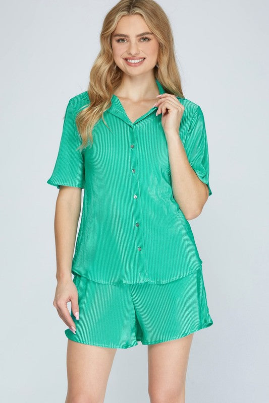 Jade Plisse Button Top