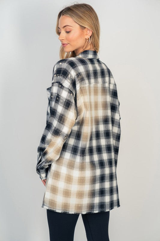 Washed Plaid Button Top