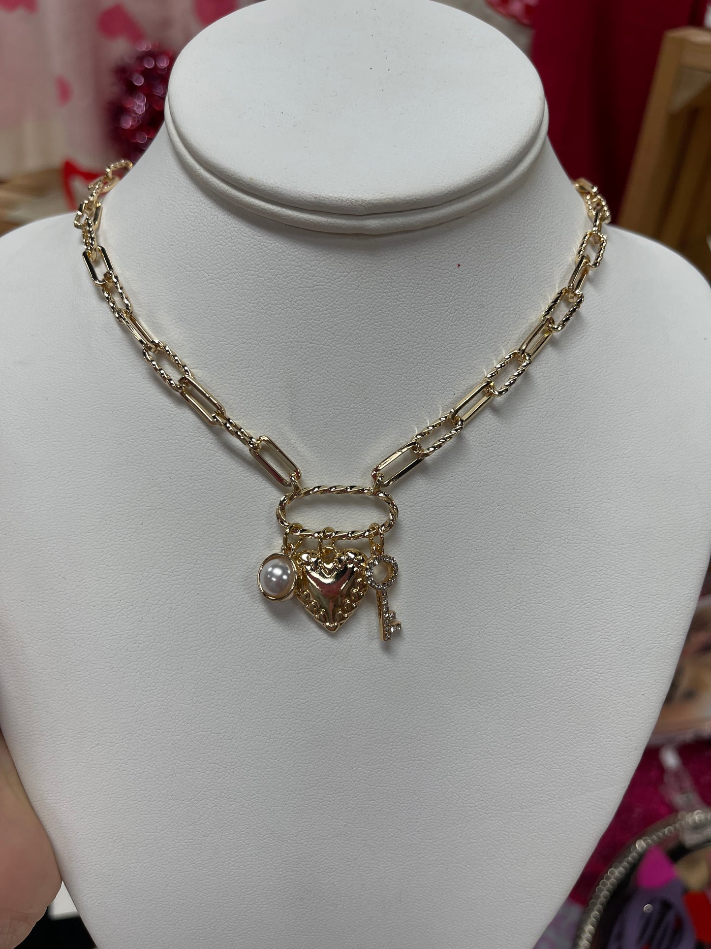 Heart Key Pearl Charm Necklace