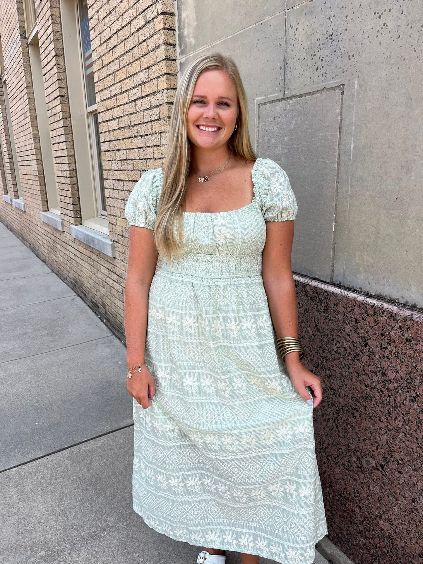 Sage Embroidery Detail Midi Dress