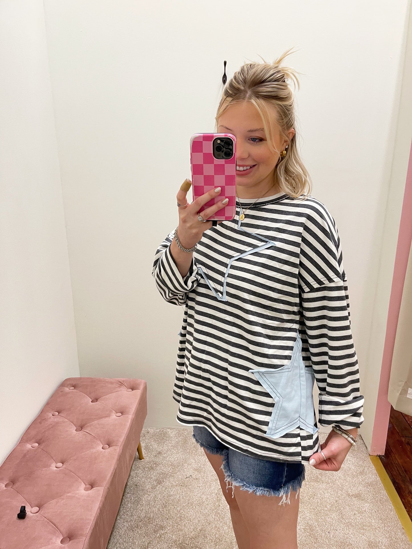 Gray Stripe Star Patch Top