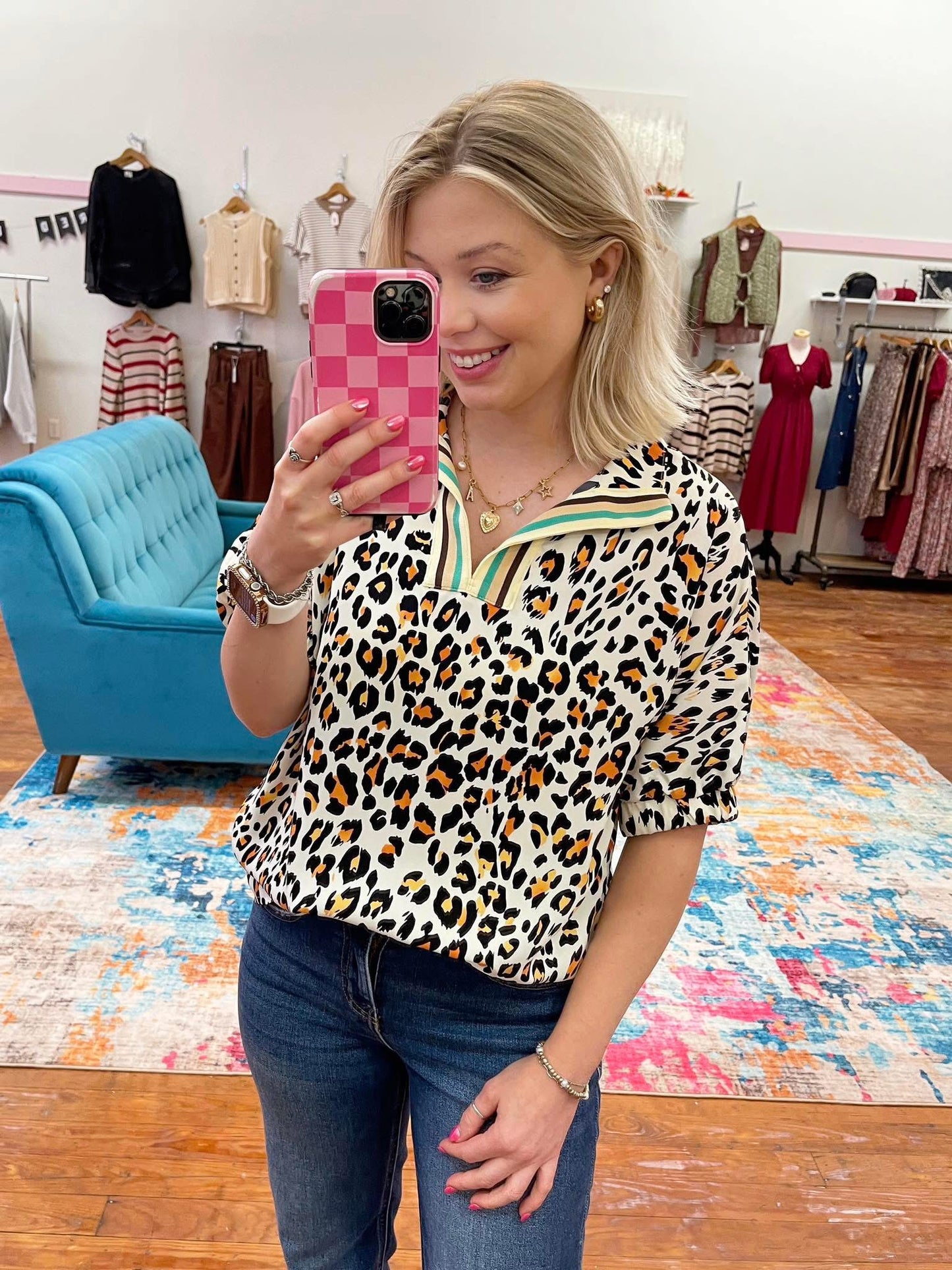 Leopard Contrast V Neck Top
