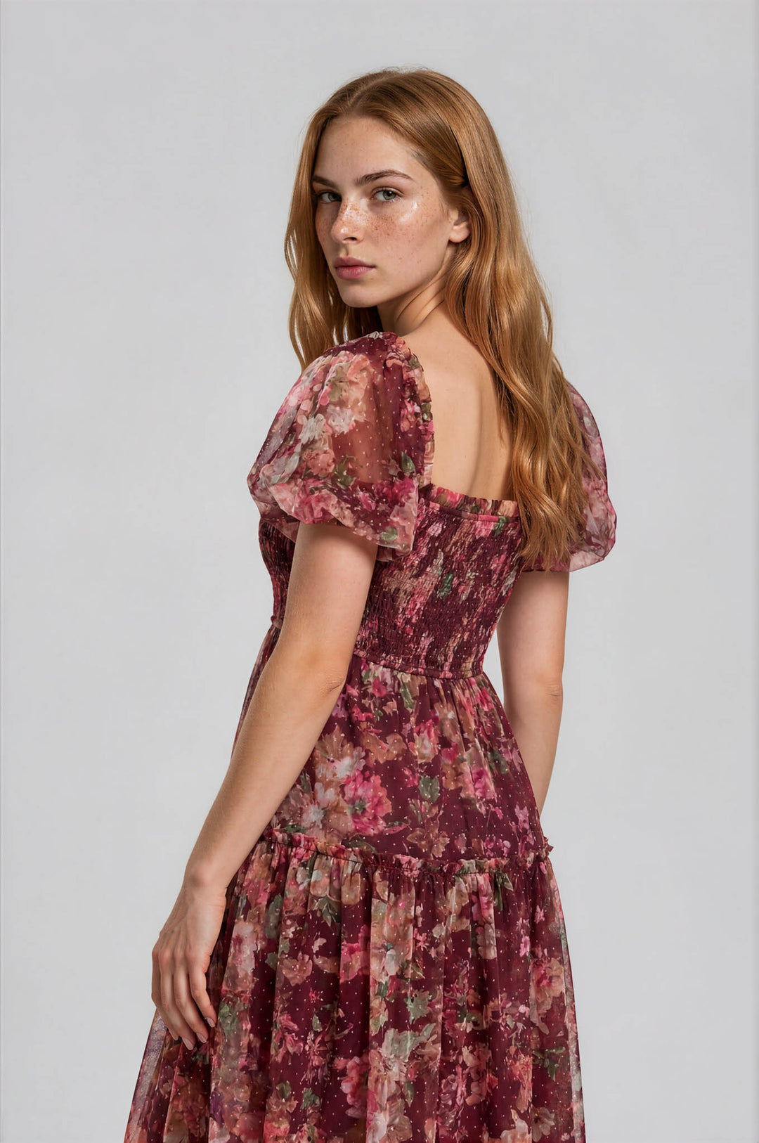 Burgundy Floral Tulle Midi Dress