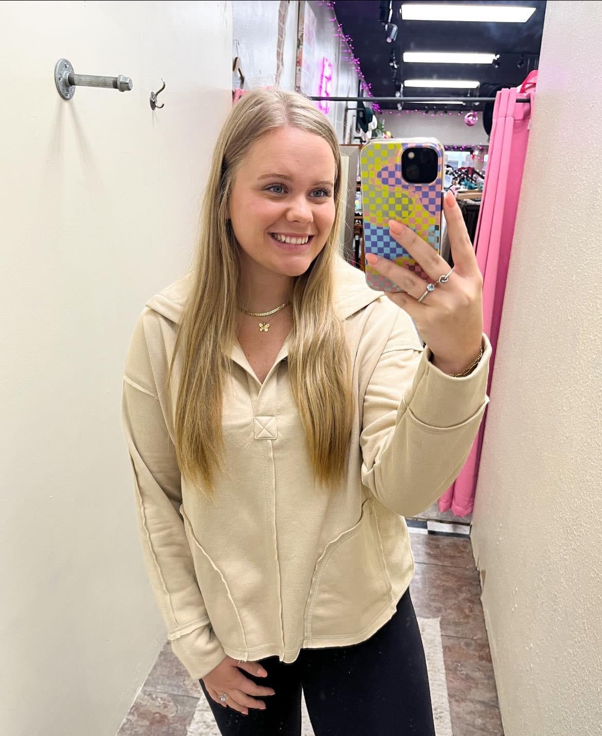 Taupe Comfy Collared Pullover Top