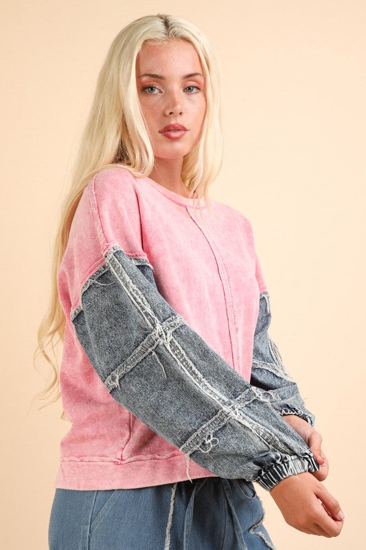 Acid Washed Denim Sleeve Top