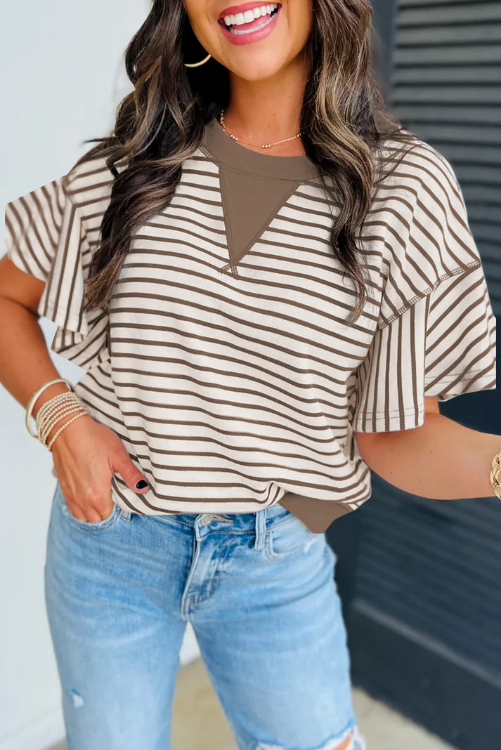 Brown Stripe Ruffle Top