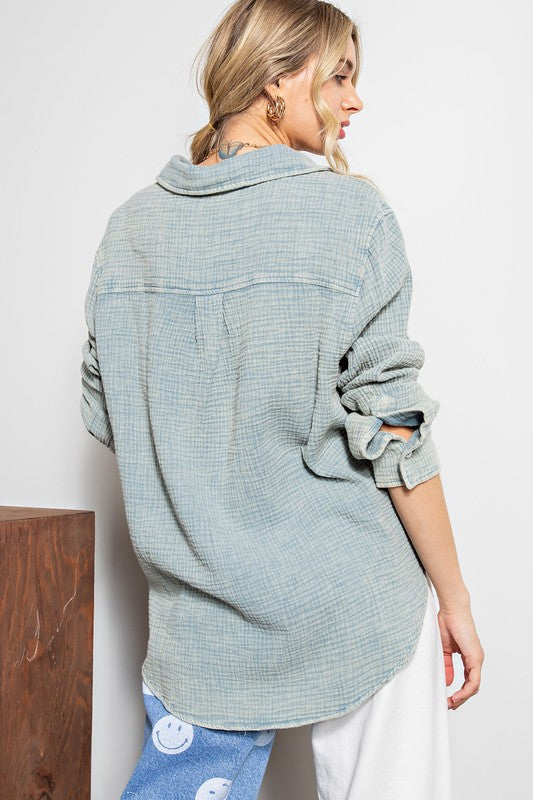 Teal Mineral Wash Button Down Top
