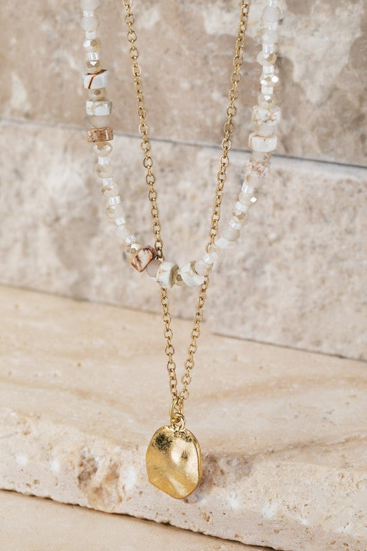 Natural Bead & Hammered Metal Charm Necklace