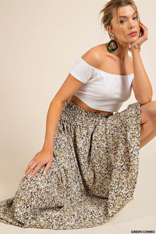Spring Green Floral Midi Skirt