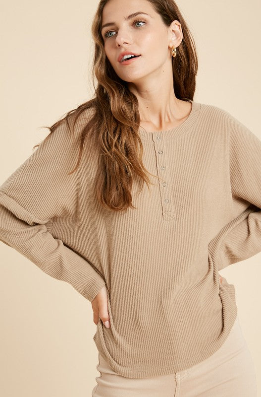 Taupe Rib Knit Henley Top