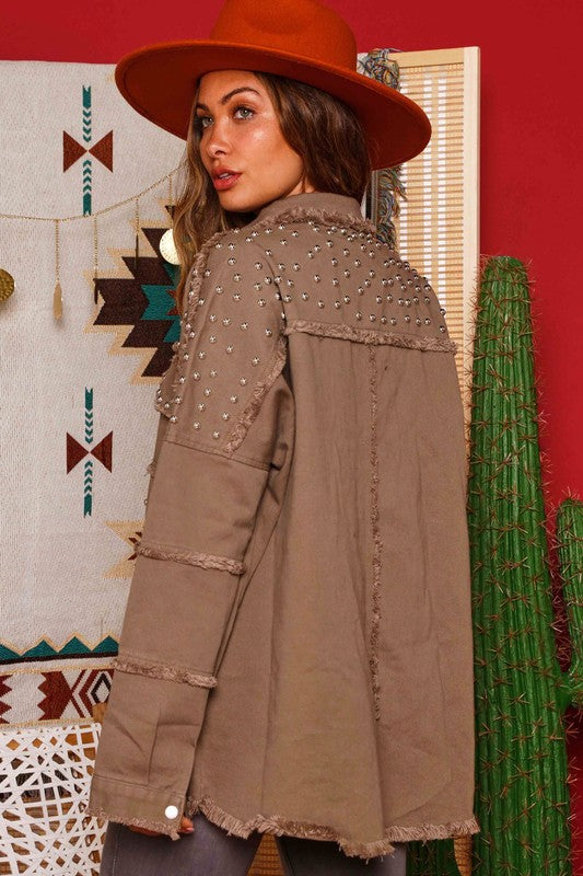 Olive Studded Frayed Jacket