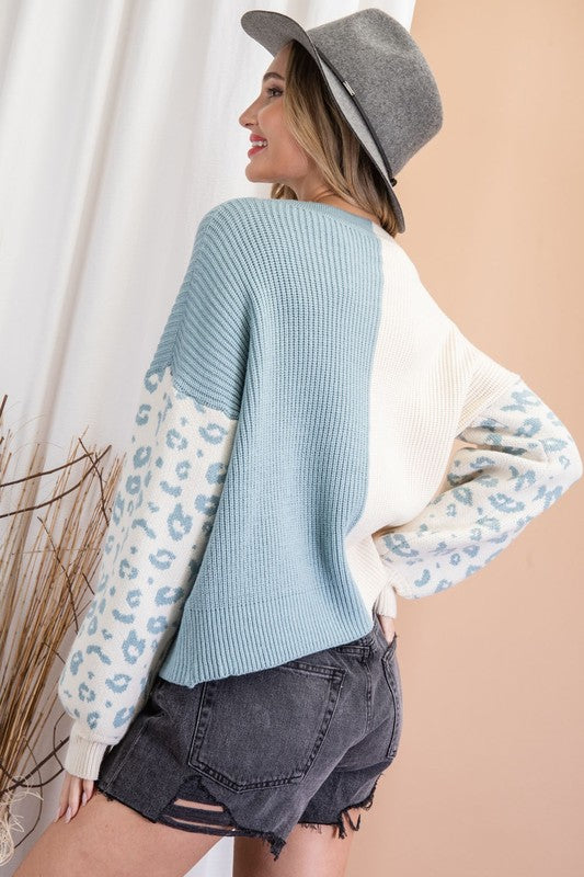 Blue Leopard Contrast Sweater