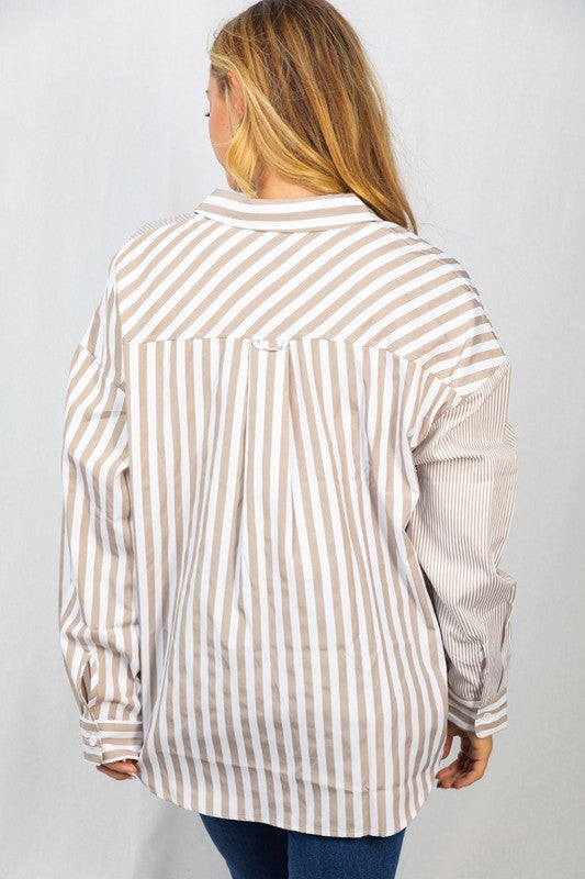 Taupe Contrast Stripe Button Down Top