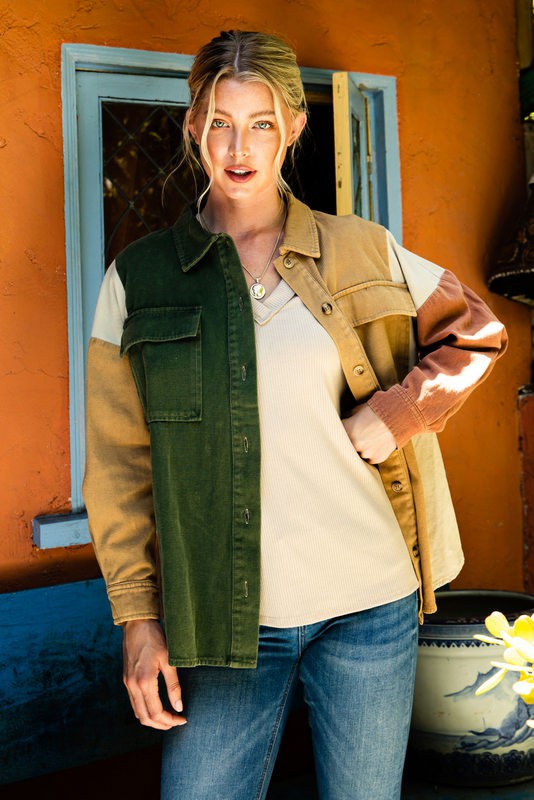 Hunter Green Color Block Shacket