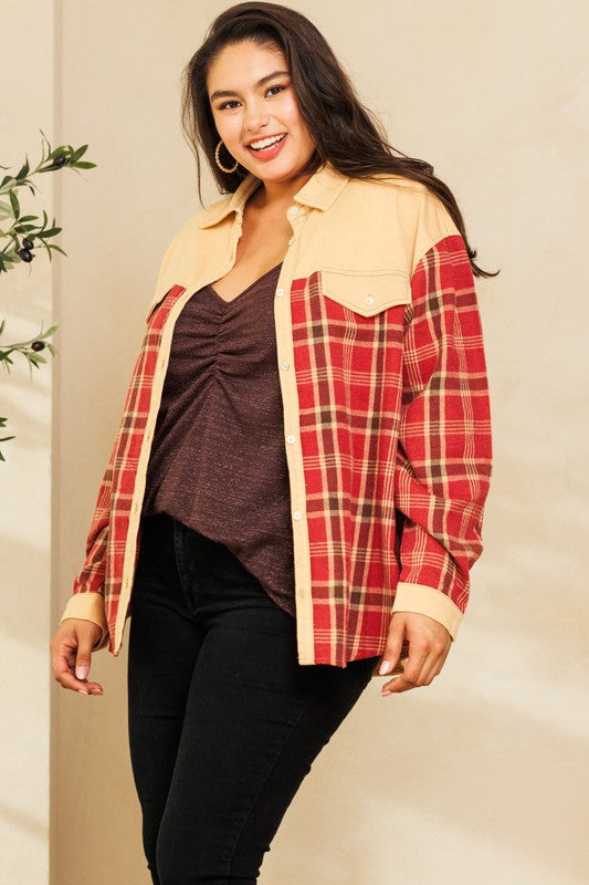 Red Plaid Camel Shacket Top