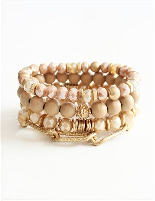 Crystal, Wood, and Gold Chain Set of 4 Stretch Bracelets
