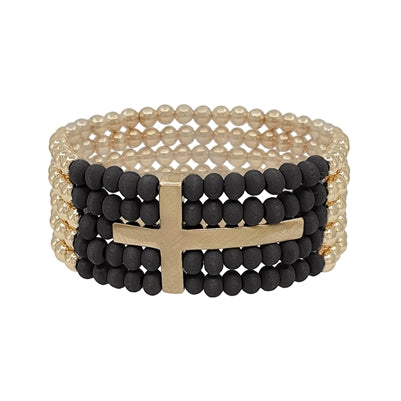 Gold and Wood Cross Stretch Bracelet