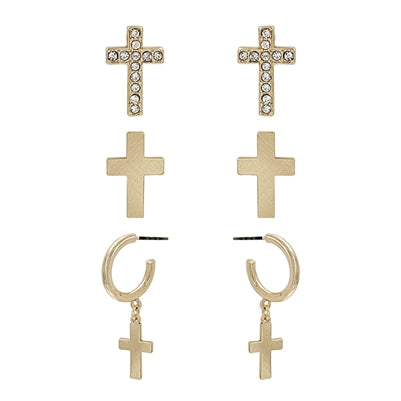 Set of 3 Gold Cross Stud and Hoop Earrings