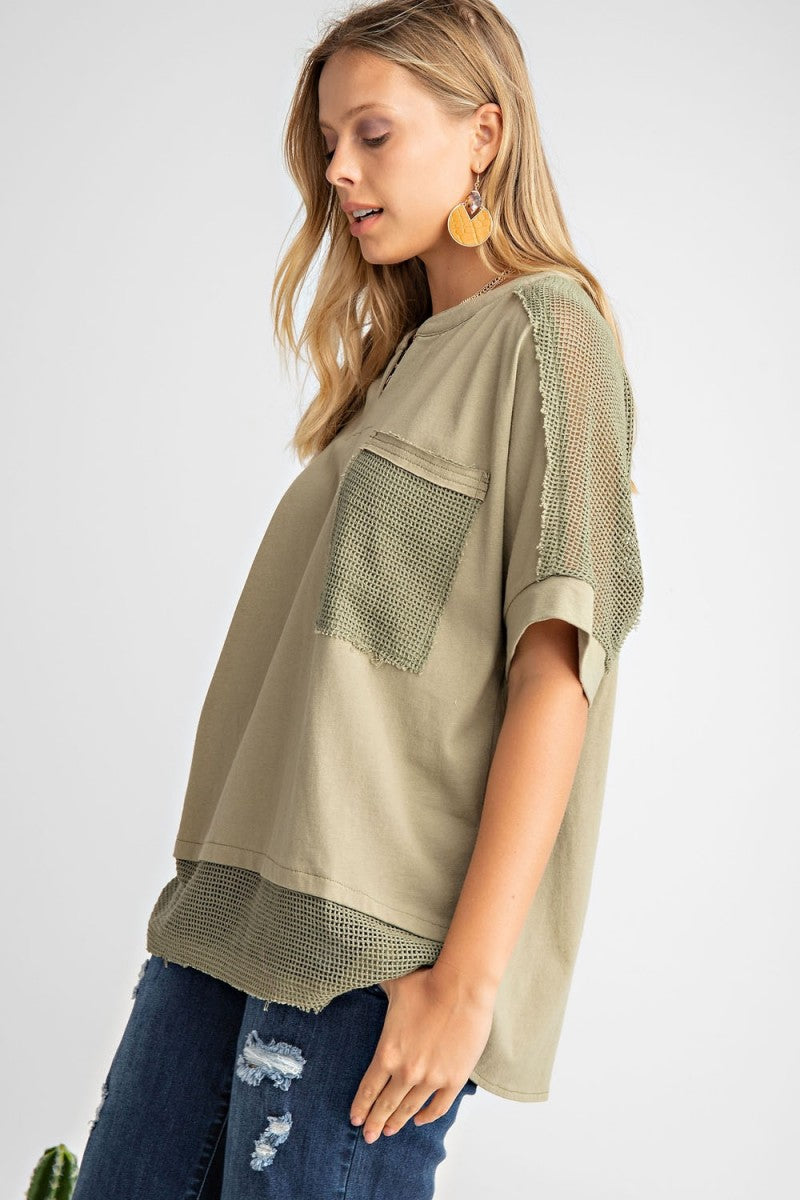 Mesh Contrast Olive Top