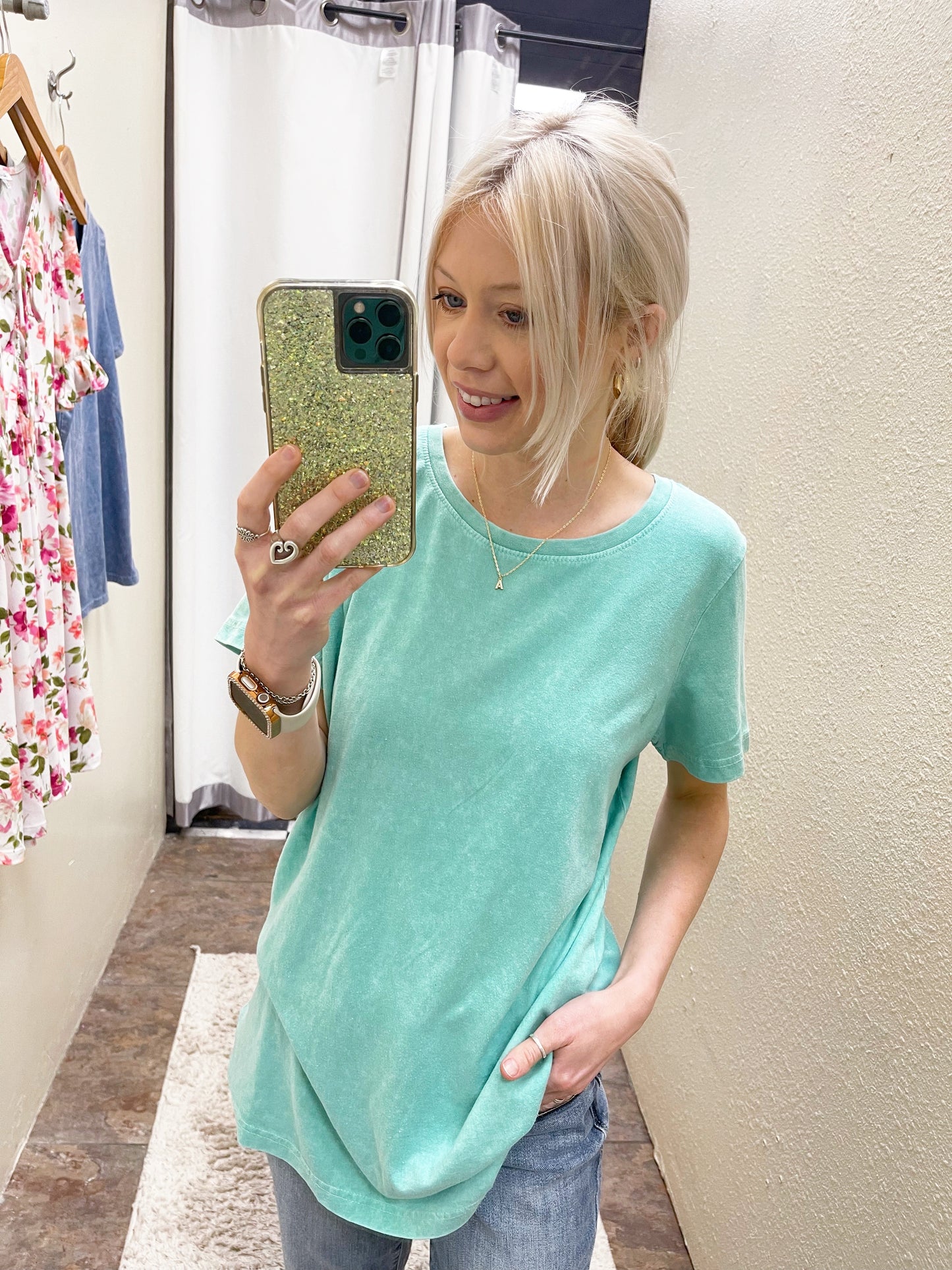 Acid Wash Crew Neck Tops