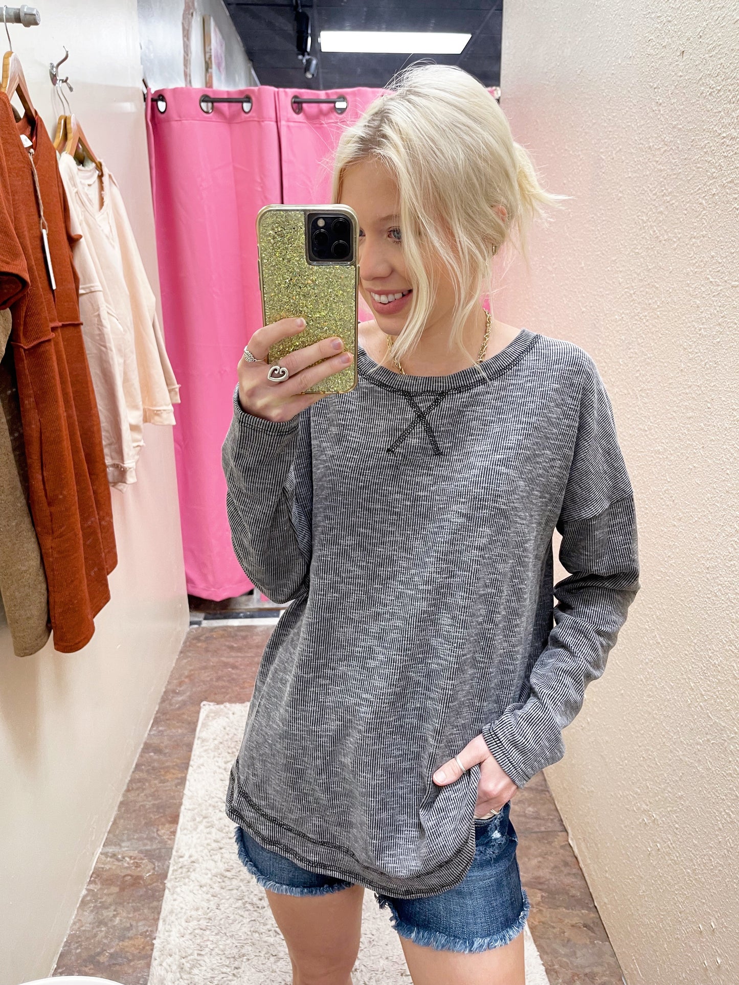 Washed Black Ribbed Top