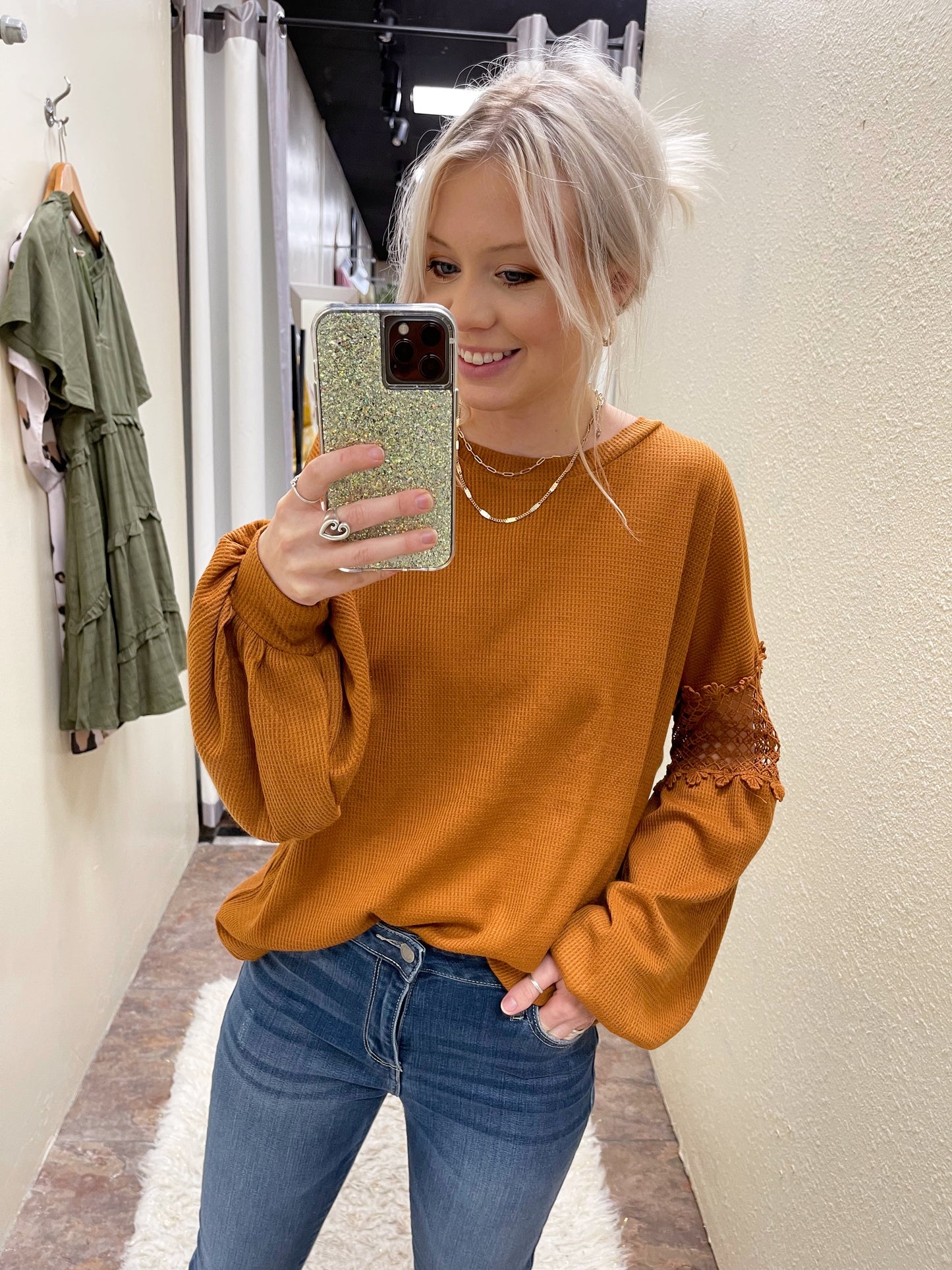 Waffle Top With Balloon Sleeves