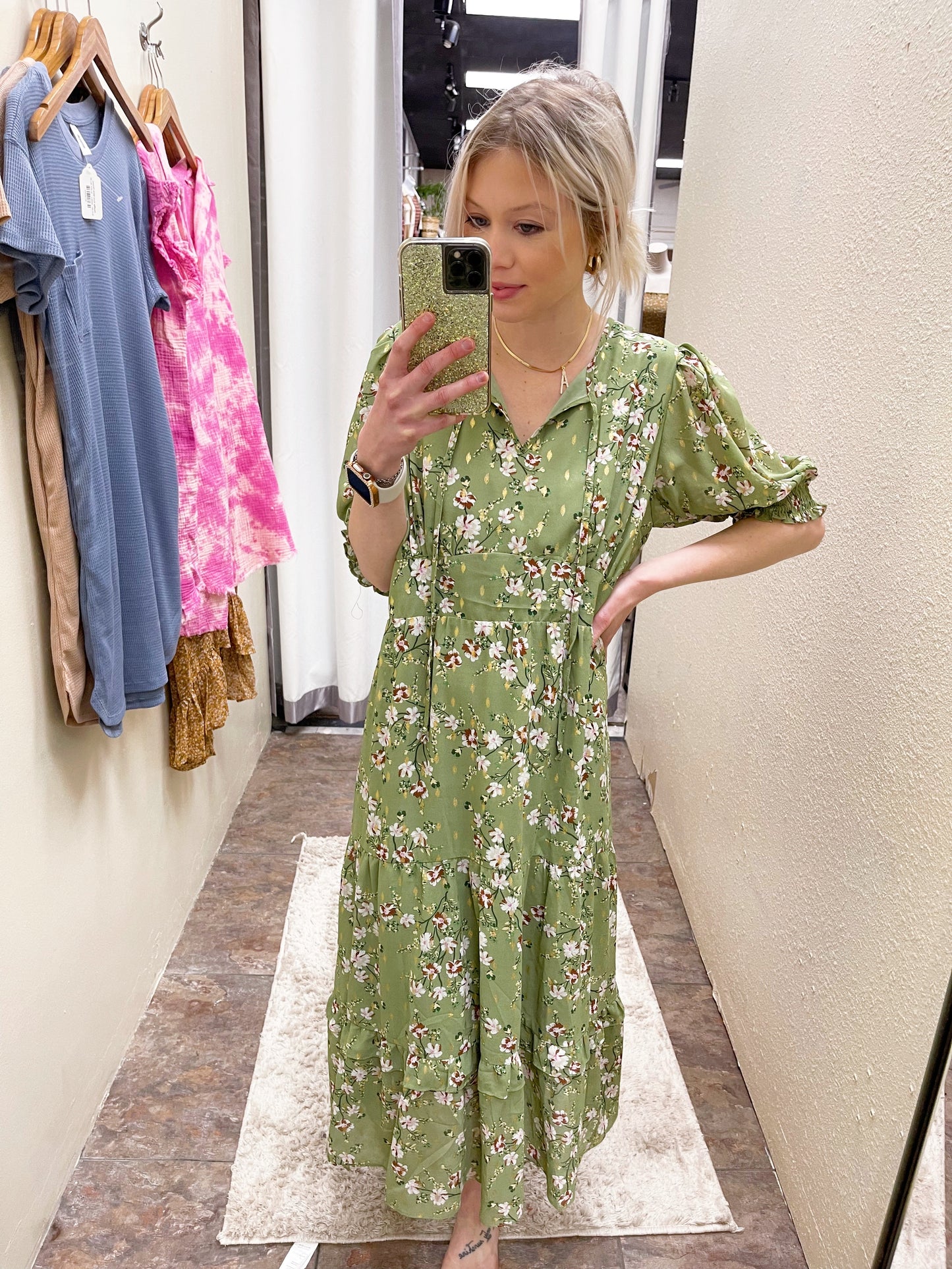 Green Floral Metallic Dress