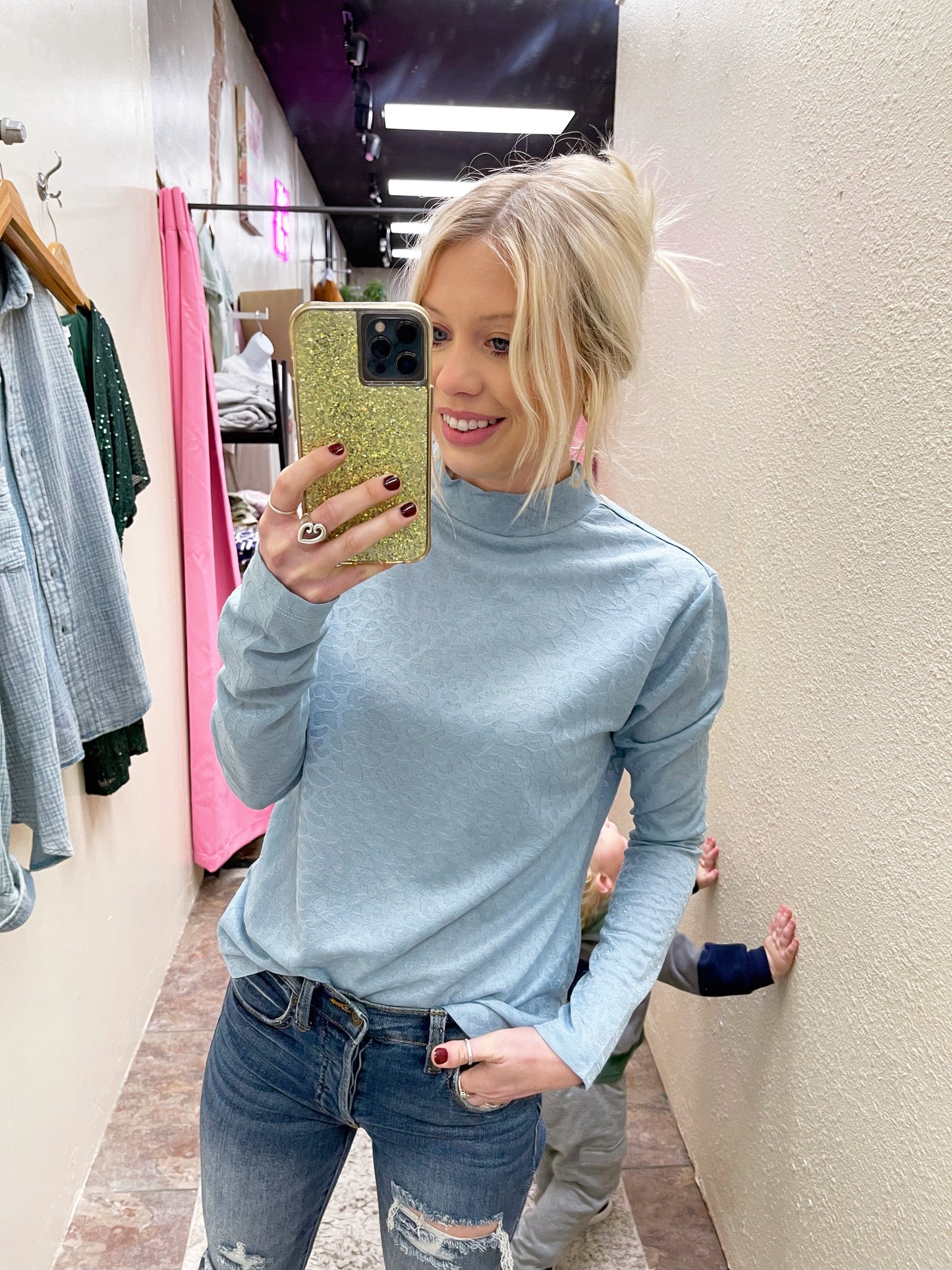 Blue Leopard Mock Neck Top