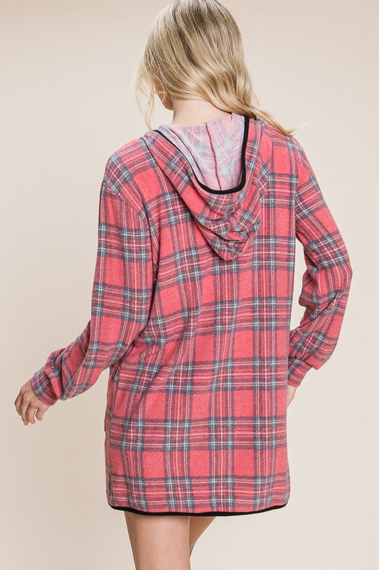 Red Plaid Hooded Cardigan