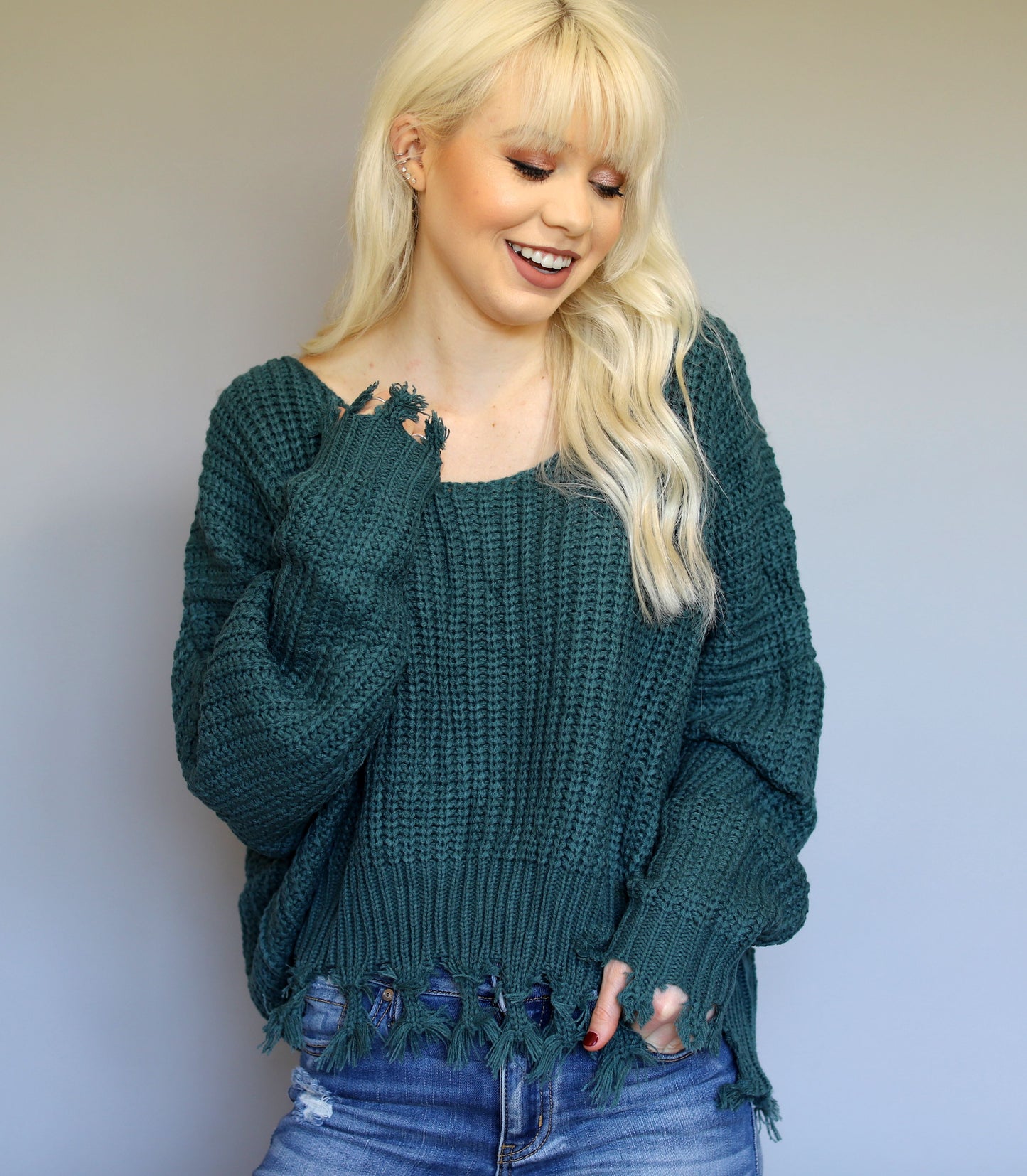 Teal Fringe Sweater