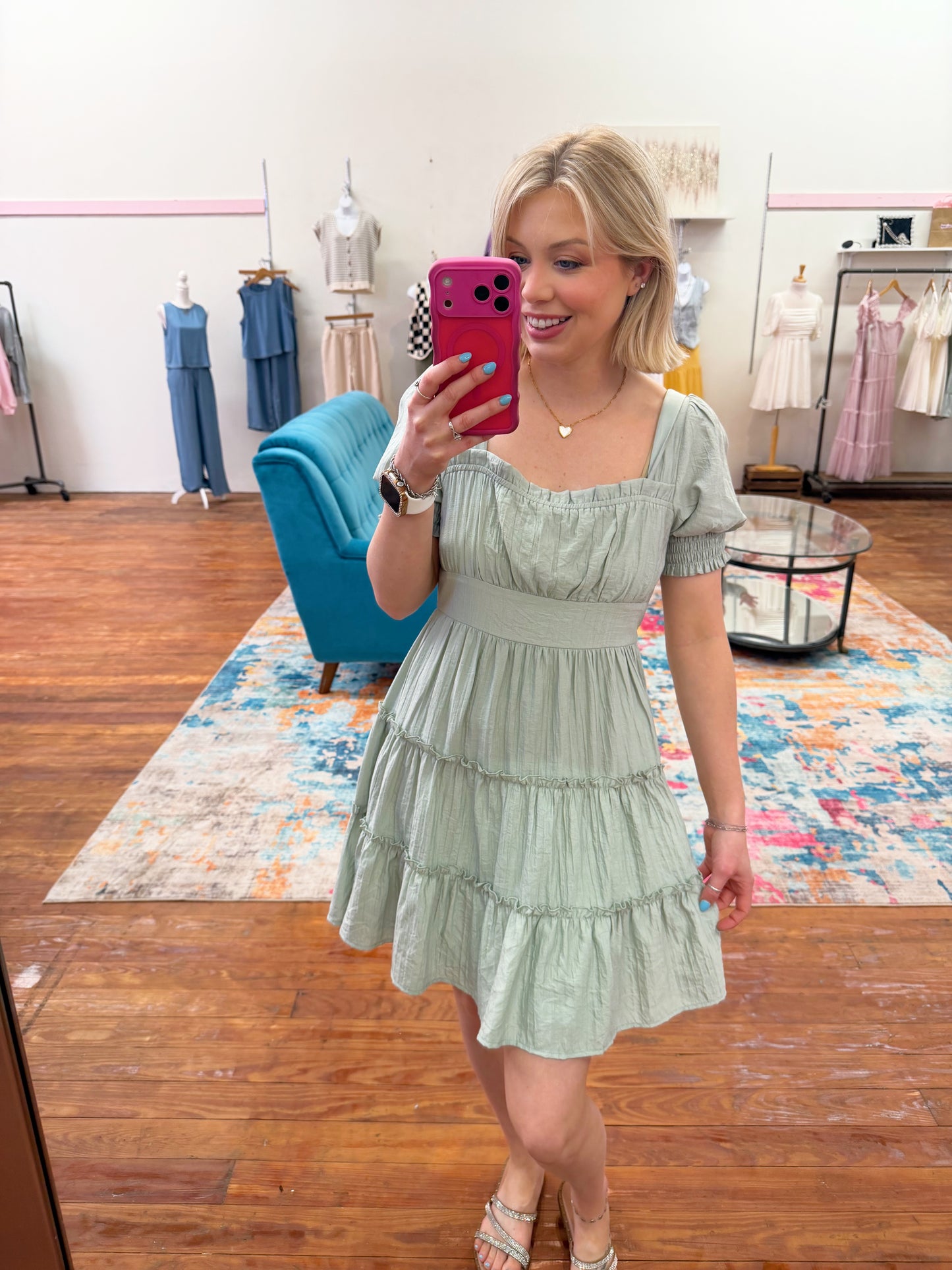 Sage Tiered Mini Dress