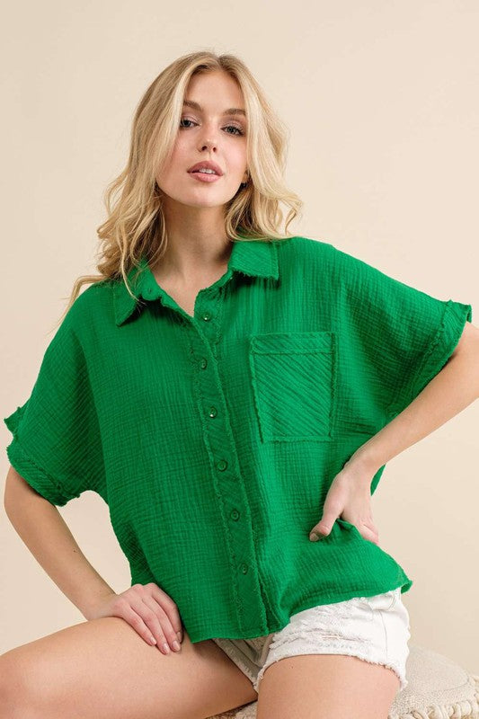Green Garment Dyed Button Top