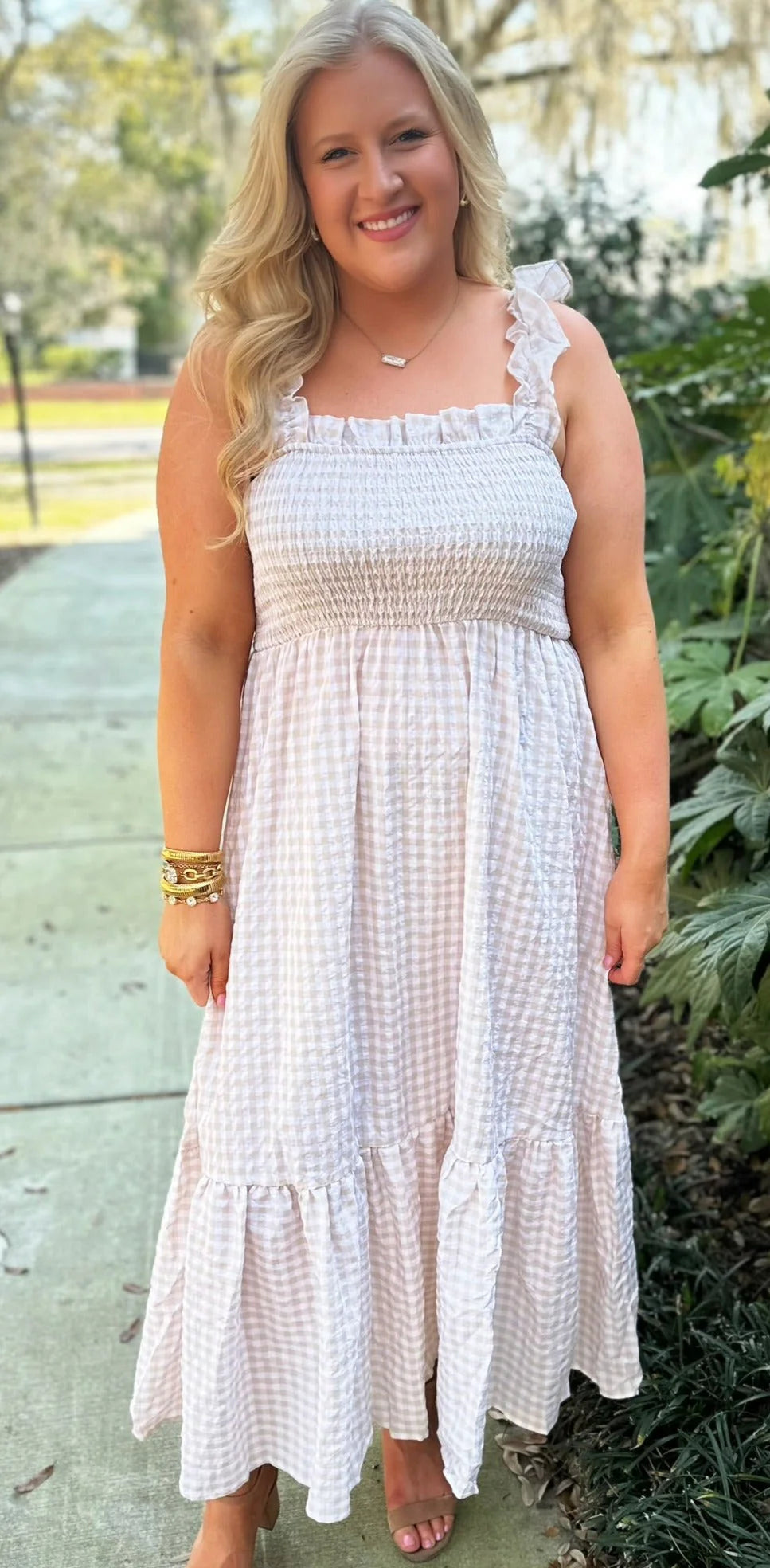 Beige Checkered Dress
