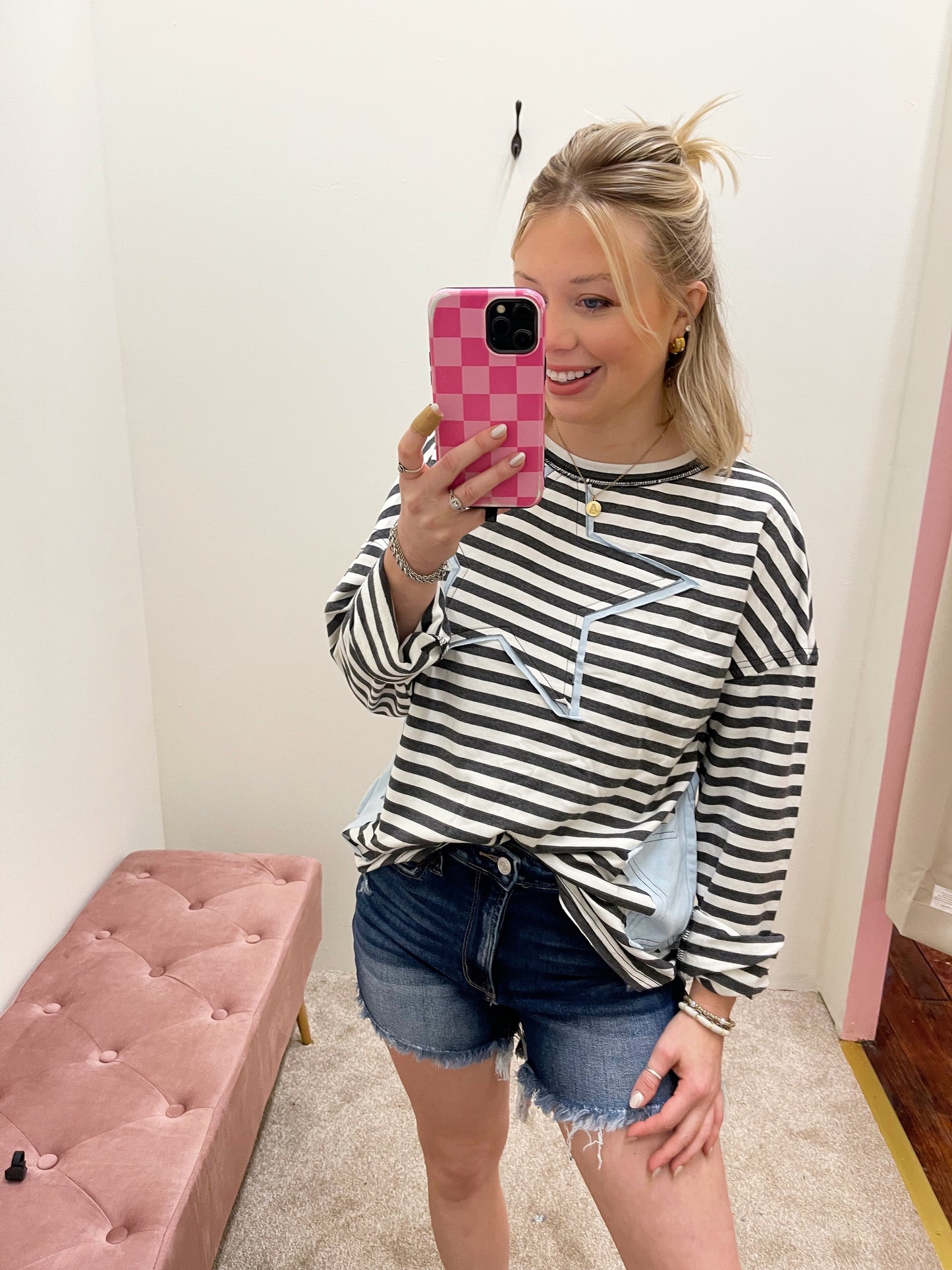 Gray Stripe Star Patch Top