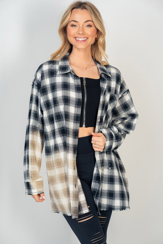 Washed Plaid Button Top
