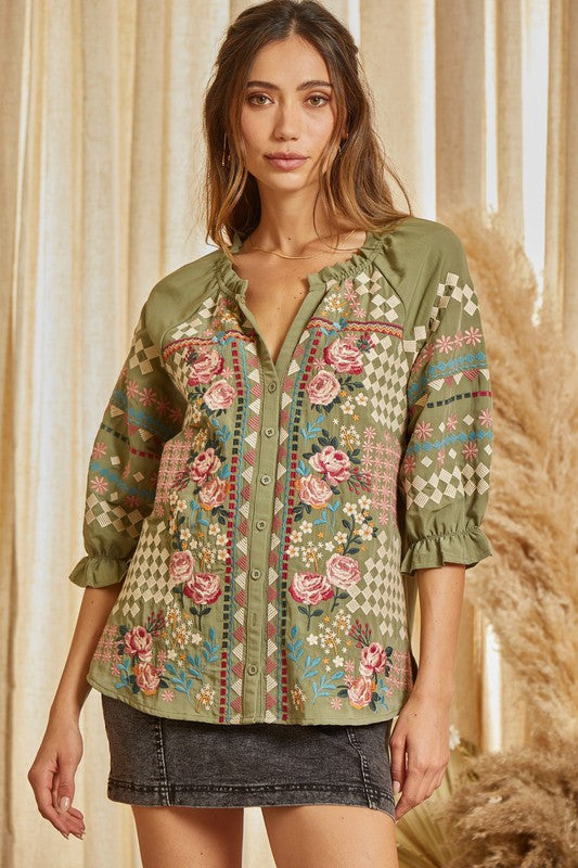 Olive Embroidery Top