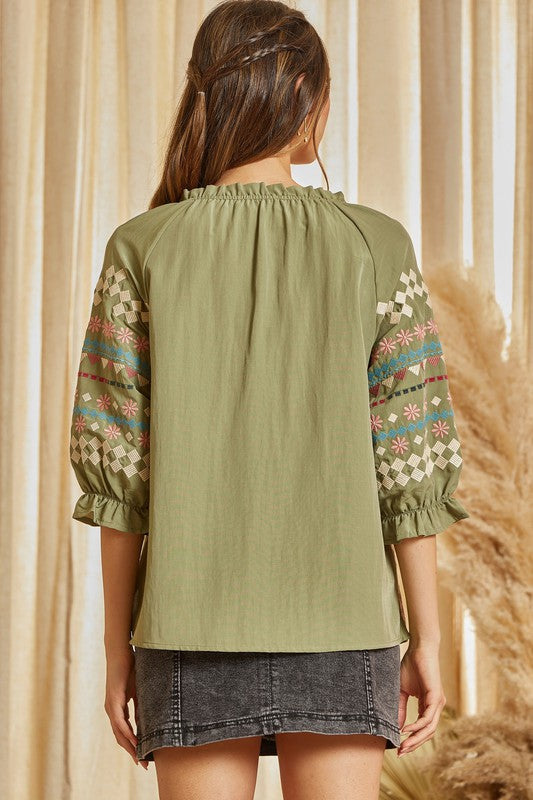 Olive Embroidery Top