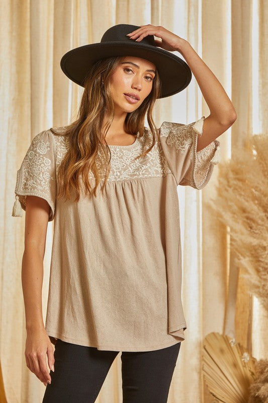 Embroidered Tassel Top