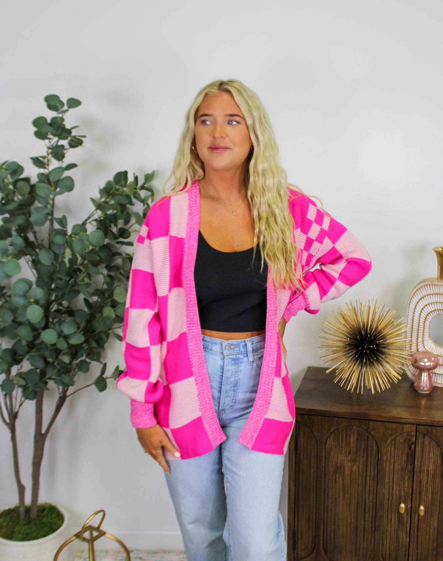 Pink Checkered Cardigan