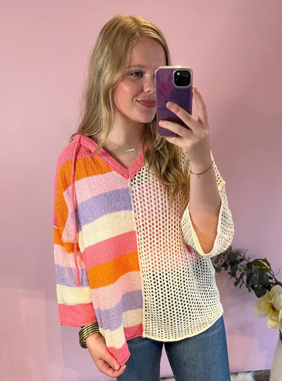 Stripe Colorblock Open Knit Sweater