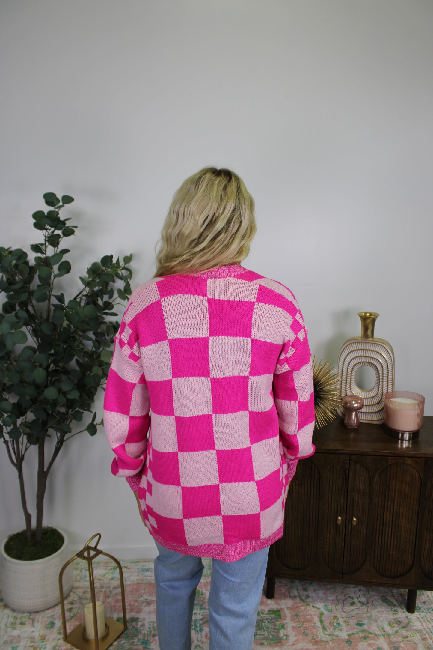 Pink Checkered Cardigan