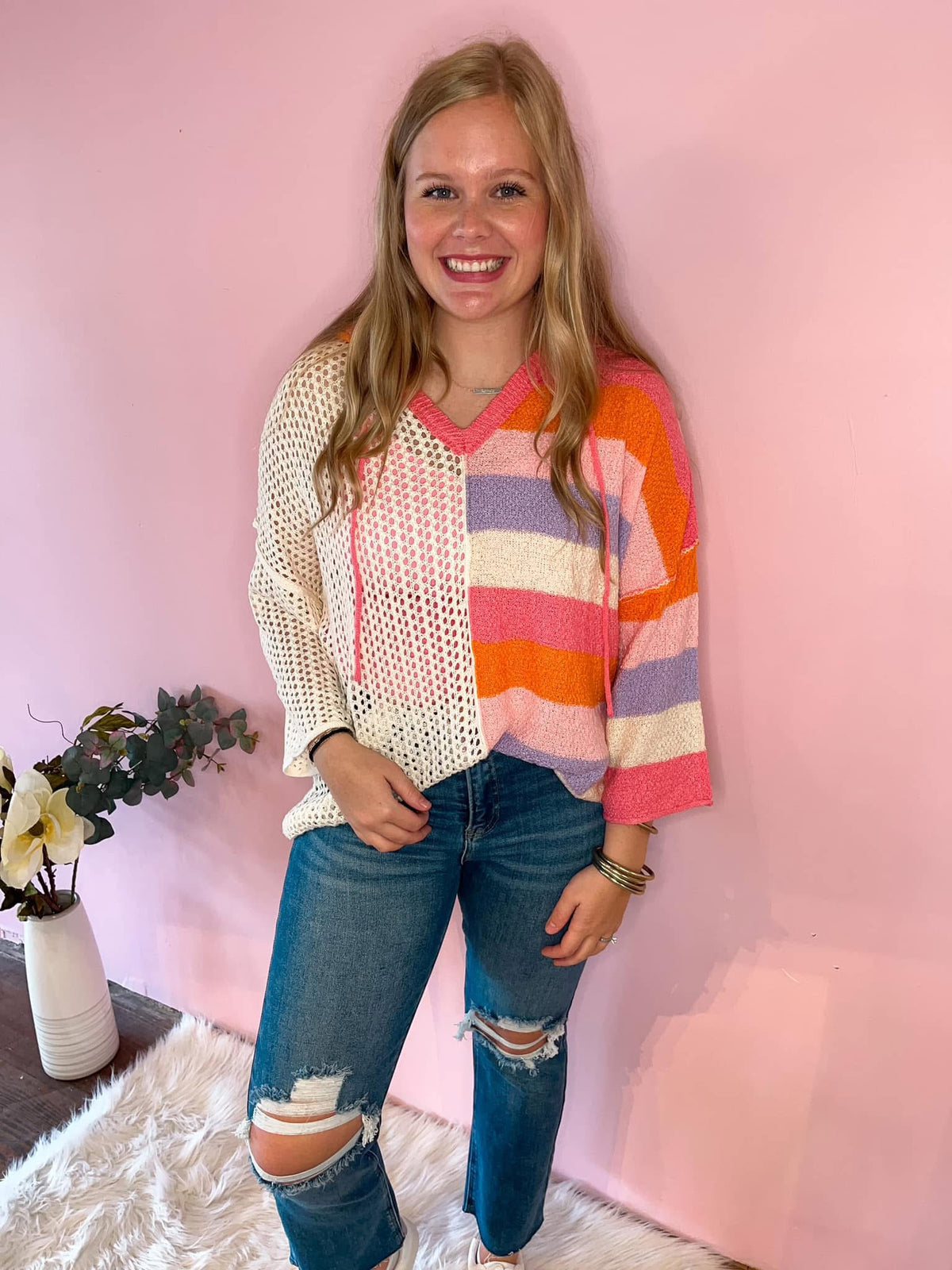 Stripe Colorblock Open Knit Sweater