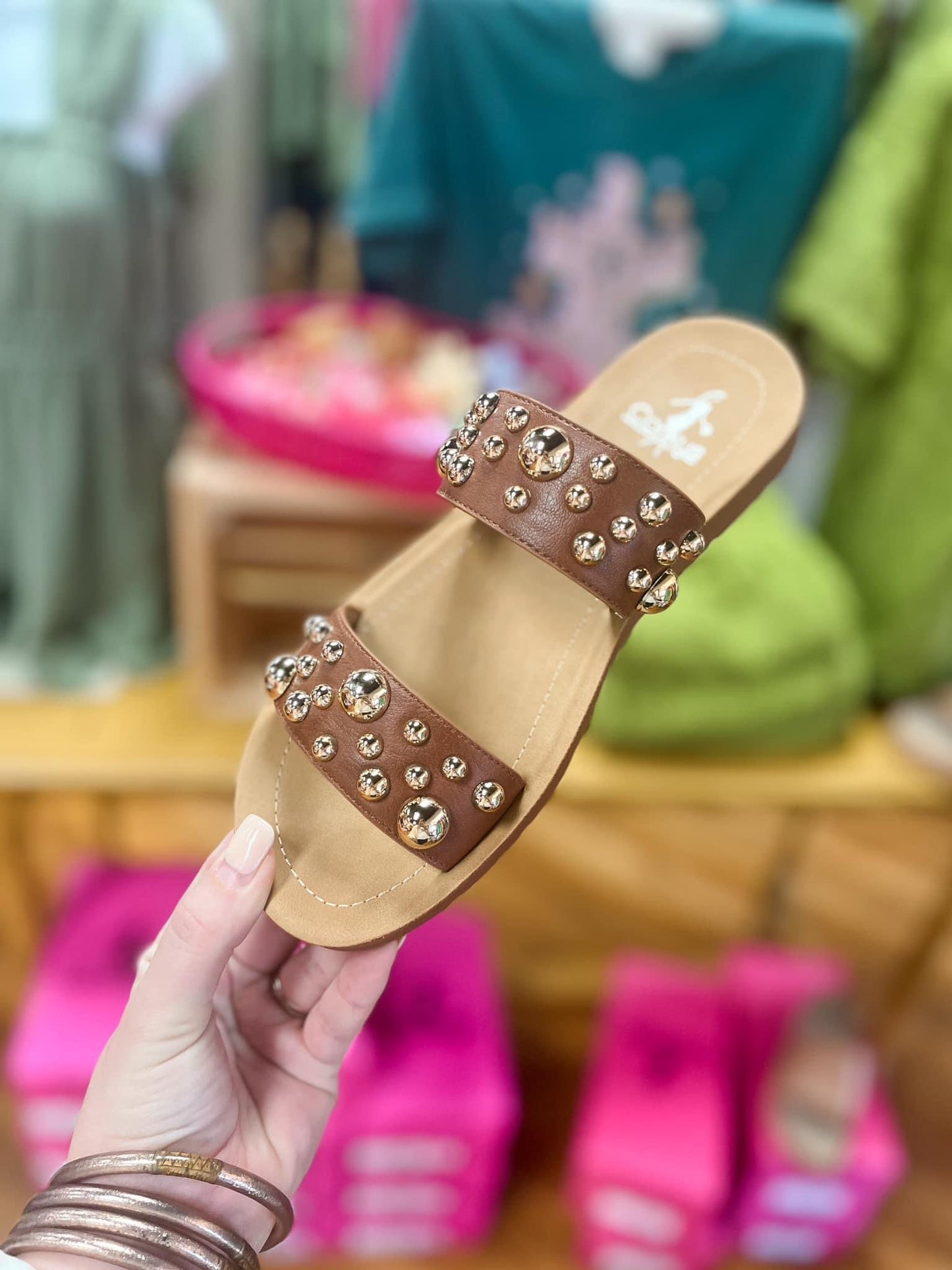 Cognac Stud SandalsCorkys Ani Oakli Clothing Co.