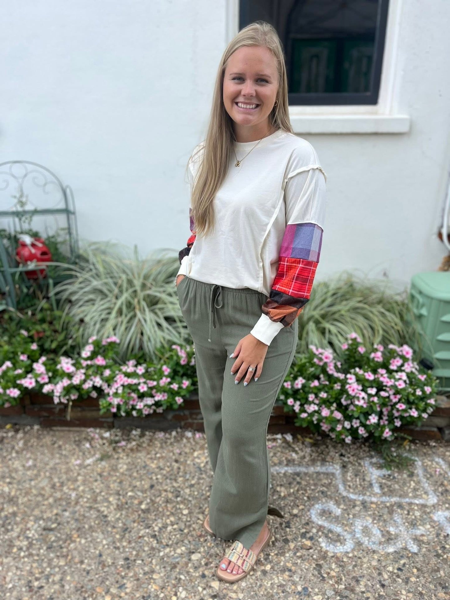 Beige Plaid Patchwork Top