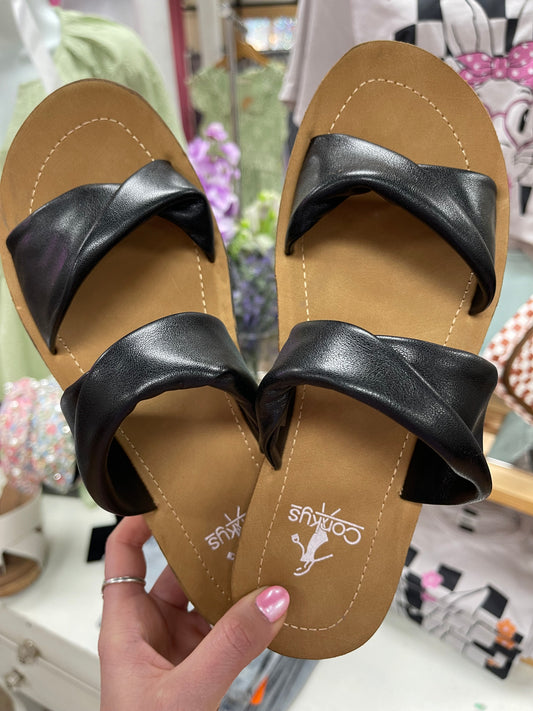 With A Twist Black Sandals-Corkys