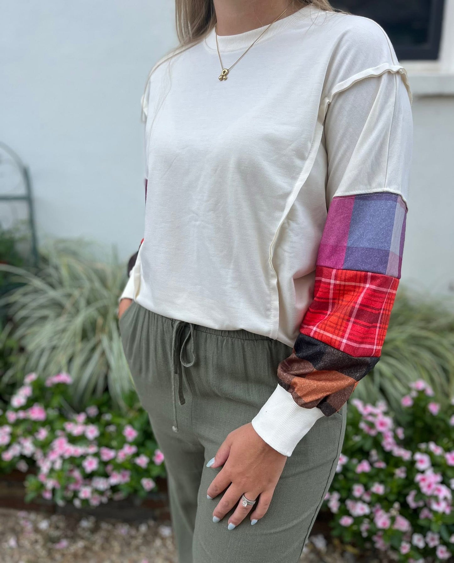 Beige Plaid Patchwork Top