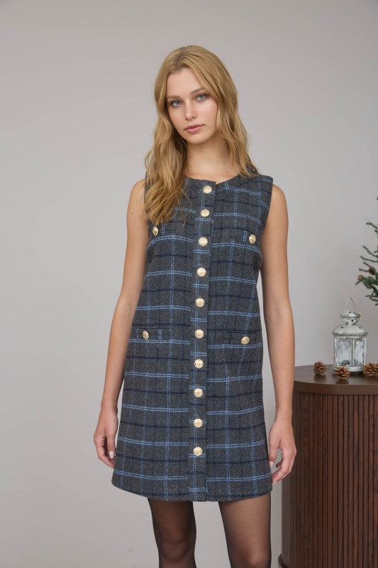 Plaid Tweed Midi Dress