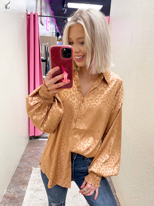Camel Satin Leopard Top