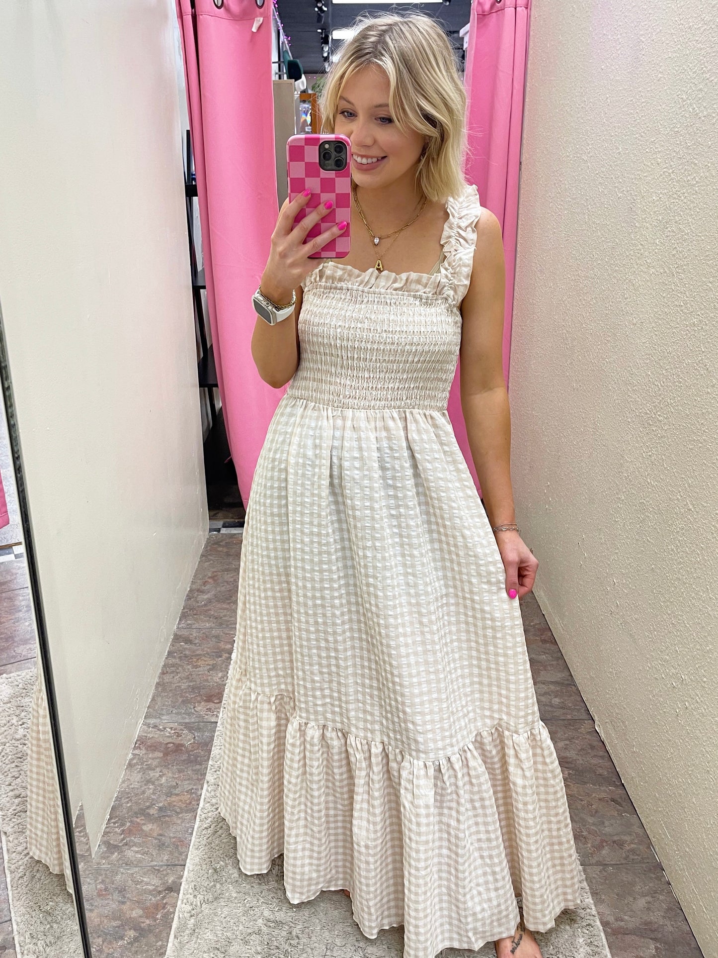 Beige Checkered Dress