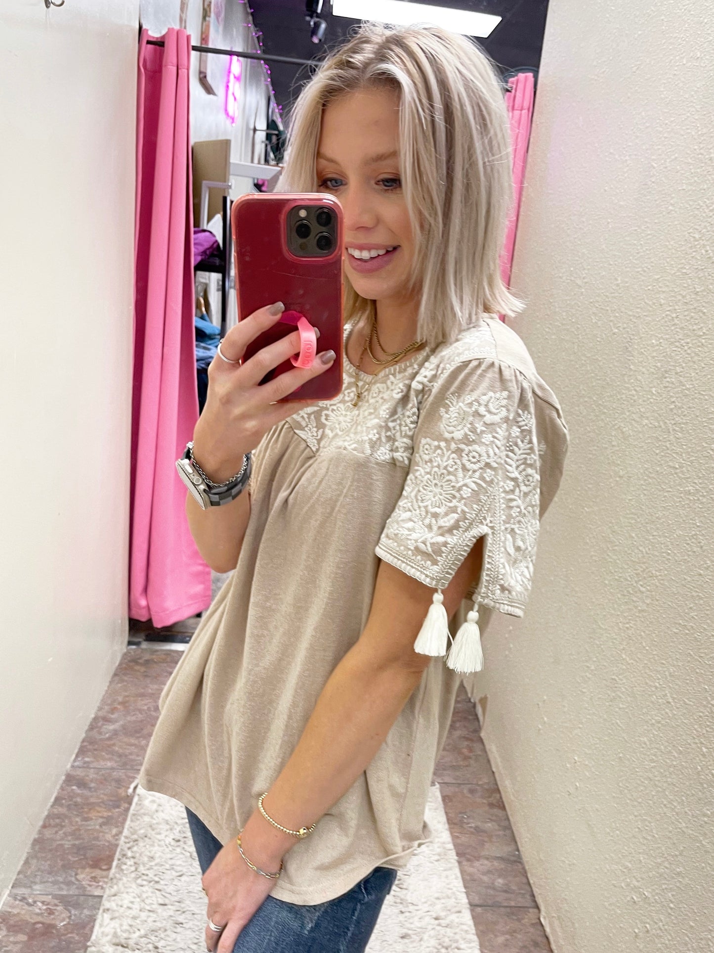 Embroidered Tassel Top